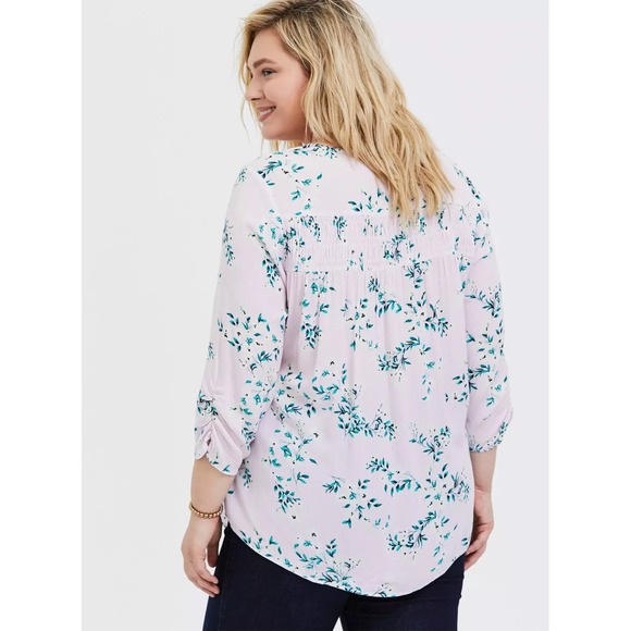 Torrid Crinkle Gauze Smocked Button-Front Top Floral Pink Womens Plus Size 2 2X - Picture 9 of 12